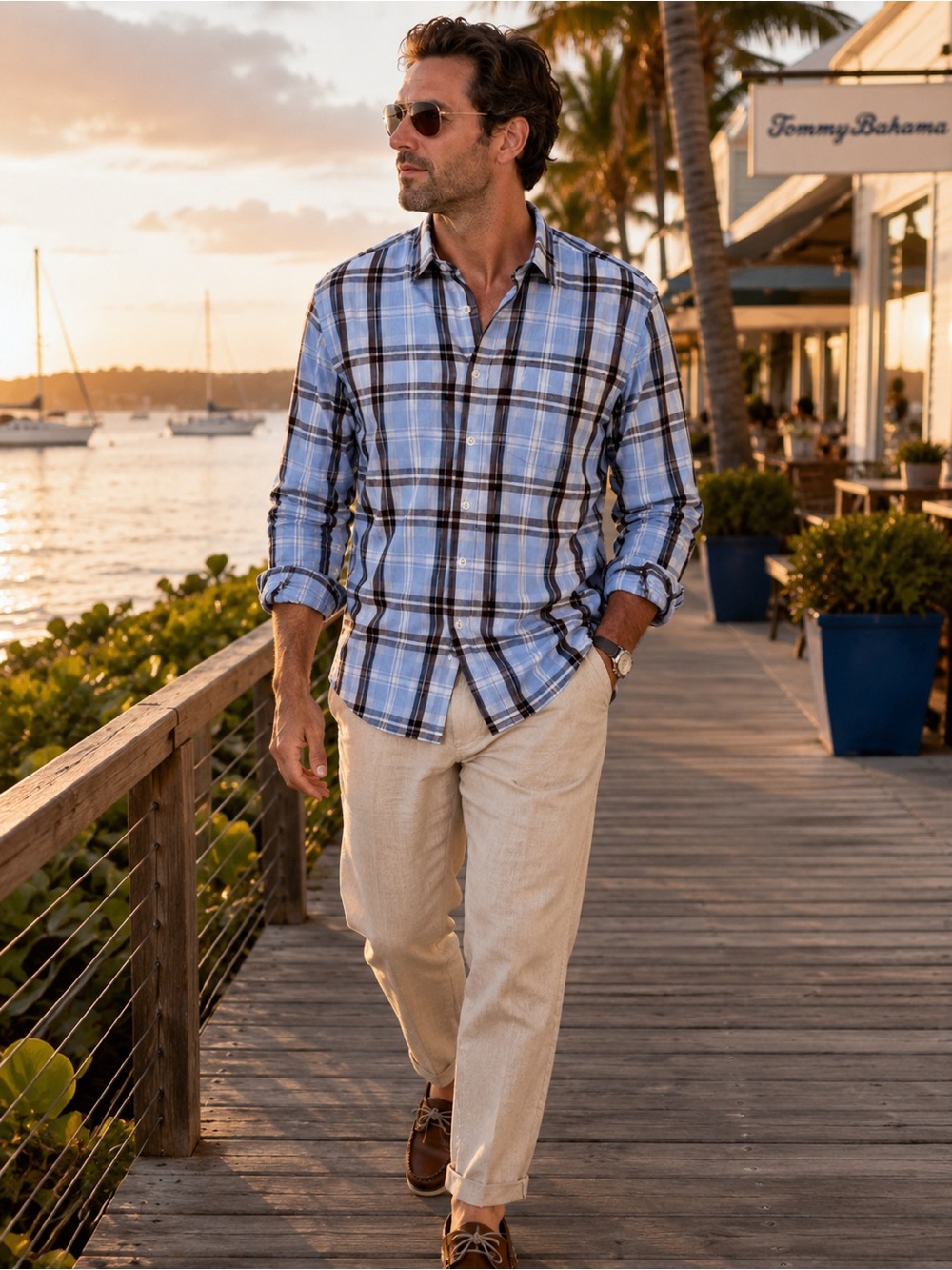 Tommy Bahama Plaid Button Down Shirt Blue Brown 100% Cotton Relaxed Fit XXL
